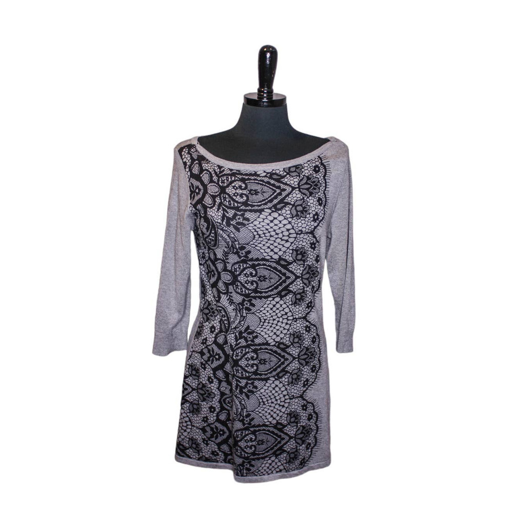 White House Black Market Knit Dress Sweater Dress Gray Black Lace Print M